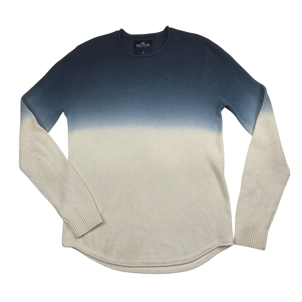 Hollister Mens Medium Blue White Ombre Textured Waffle Knit Crewneck Sweater